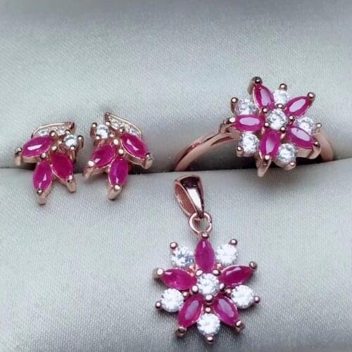 Natural red ruby gem ring earrings Pendant Natural Gemstone Jewelry Set 925 Silver Fashion Flowers Stars Women wedding jewelry