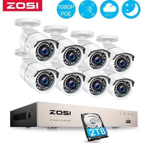 ZOSI 8CH H.265 NVR 5MP IP Network POE Video Record 8pcs 1080P IR Outdoor CCTV Security Camera System Home video Surveillance kit