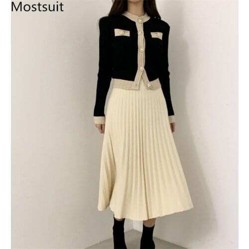 Chic Vintage Ladies Knitted 2 Piece Skirt Suits Sets Women Single Breasted Pearl Buttons Cardigan + Pleated Long Skirt Suit 2020