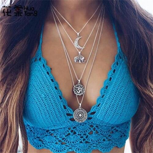 HuaTang Bohemian Vintage Silver Color Chain Elephant Moon Pendant Layered Choker Necklace Long Chain Necklace Women Jewelry 4498