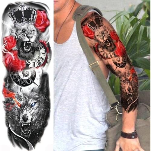 Vivid Red Rose Flower Temporary Tattoo For Men Women Body Art Full Arm Sleeve Lion Tatoo Water Trasnfer Fake Wolf Tattoo Sticker