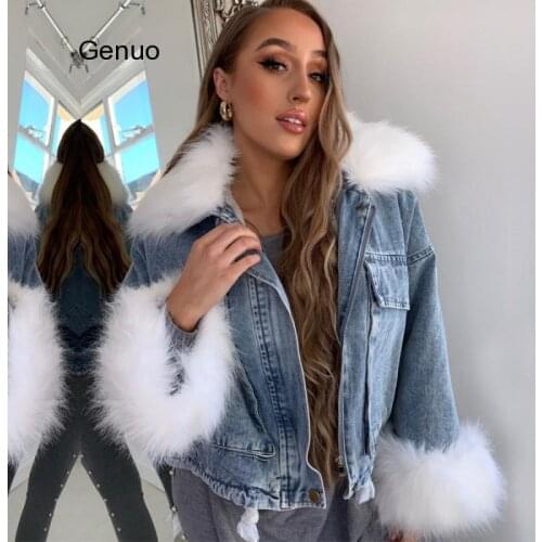 2020 Autumn Winter Women Demin Jacket Coat Faux Fur Collar Fleece Thick Warm Famale Jackets Top Drawstring Tunic Loose Lady Tops