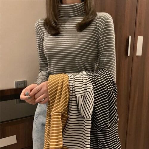 Korean Chic Turtleneck Long Sleeve Striped T-shirt Womens Autumn Winter Thick Warm Slim Elastic Tops Woman Casual Basic Tees