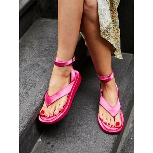 Womens Casual Chic Pink Satin Sandals New 2021 Top Summer Trends Fashion Style Flip Flops Ankle Strap Beach Female Slippers