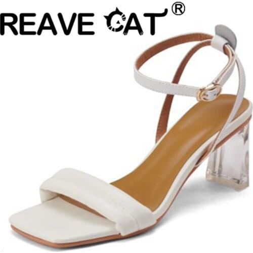 REAVE CAT 2021 Narrow Band Elegant Sandals Open Toe Ankle Buckle Strap Slingbacks 6.5cm High Crystal Square Heels Big Size 33-41