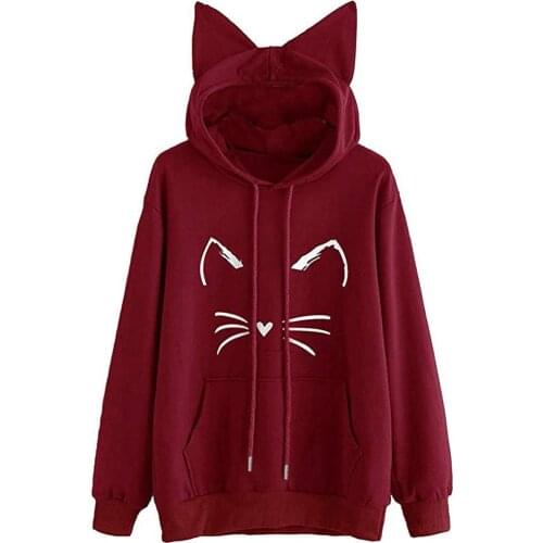 Harajuku Kawaii Cat Printed Sweatshirts Womens Long Sleeve Pullovers Tops Blouse With Cat Ears Pocket Long Sleeve Pink Jackets