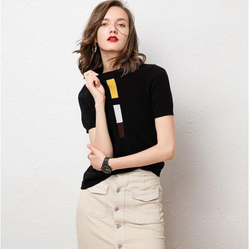 Womens Cashmere Short Sleeve Sweater 2020 Spring Casual Pullover Wool Round Neck Top Fashion Black Off-White O-Neck Knitwear