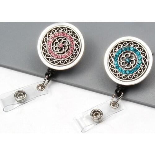 10pcs new design flower Rhinestone vintage 5colors Retractable nurse ID Badge Holder reel for gift/party