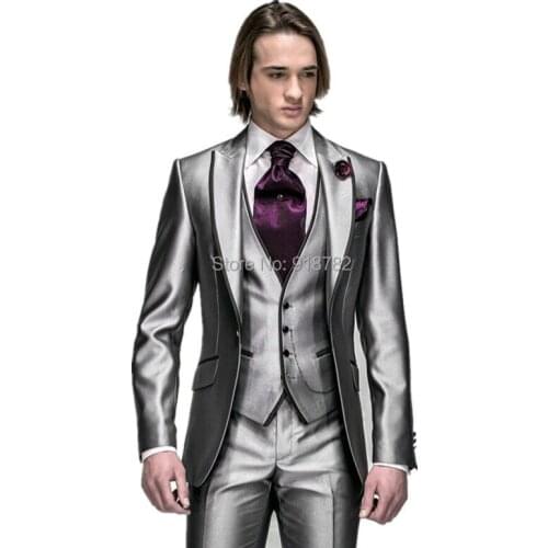 2018 New Style Shiny Silver Peak Lapel Groomsmen Best Man Wedding Suits For Men Slim Fit Groom Tuxedos (Jacket+Pants+Vest+Tie)