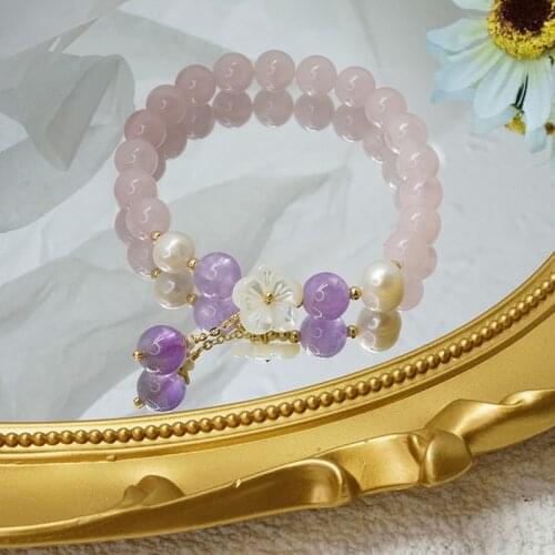 2021 New Shell Flower Natrual Freshwater Pearls Pink Quartz Amethyst Beads Strand Bracelets for Women Girls Fine Jewelry YBR337