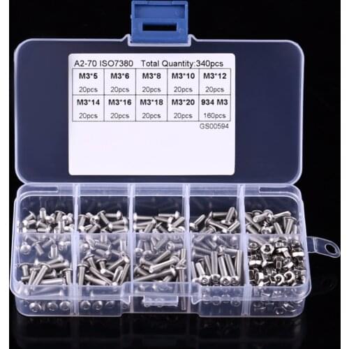 340pcs M3 (3mm) A2 Stainless Steel Button/Cover Head Allen Bolts Hexagon Socket Screws With Hex Bolt Nuts Assortment Kit 5-20mm