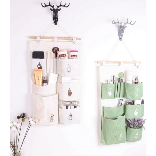 7 Pocket Hanging Storage Bags Cotton Linen Closet Wall Hanging Organizers Mounted Wardrobe Cosmetic Jewelry Storage Basket