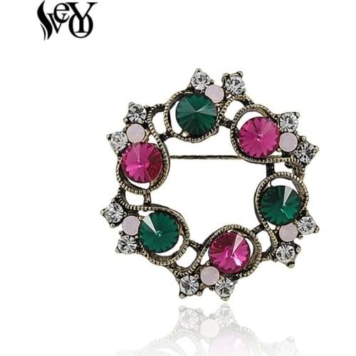 VEYO Round Rhinestone Mixed Color Brooch Pin for Woman High Quality Elegant Zinc Alloy Brooches Hats Scarf Buckles Party Corsage
