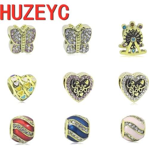 2021 New Gold Heart Crystal Butterfly Drip oil Charm Bead Stainless Steel Fit Original Pandora Bracelets DIY Jewelry For Women