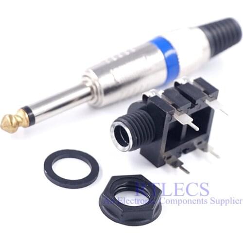 1 Piece 6.5mm 2 Pole Plug TS 1/4" 6.35 Mono Audio Jack Socket Guitar microphone amplifier Angled Thread lock panel mount