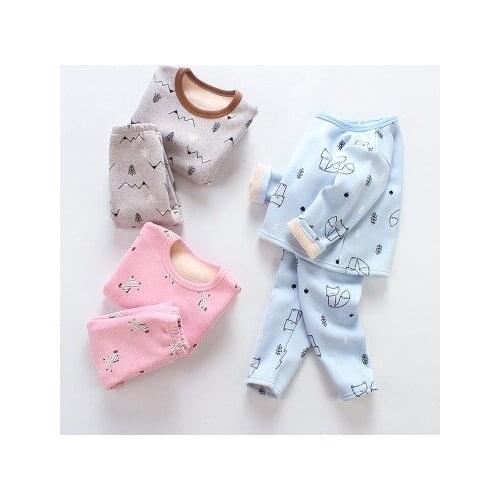 Kids Pajamas Sets Fashion Cartoon Print Baby Boys Girls Autumn Winter Plus Velvet Sleepwear Thicken Warm Pajamas For Child Suits
