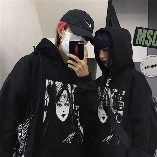 Donkere wind winter nieuwe donkere punk vrouwelijke retro Harajuku casual cartoon print plus size losse hooded Sweatshirt top