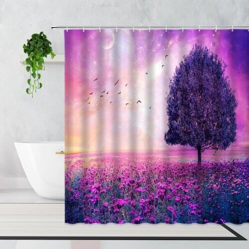 Purple Floral Sea Garden Scenery Shower Curtains Pastoral Plants Flowers Home Decor Wall Cloth Waterproof Bath Curtain Belt Hook
