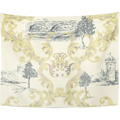 Tapestry Abstract Pattern with Landscape and Castles Black White Ancient Antique Tapestries Wall Hanging for Living Room Bedroom