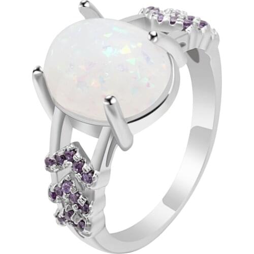 Hainon White Fire Opal Silver Color Ring Wholesale Hot Sell Wedding for Women Jewelry Gift Ring Size 6-10 Purple CZ Crystal Ring
