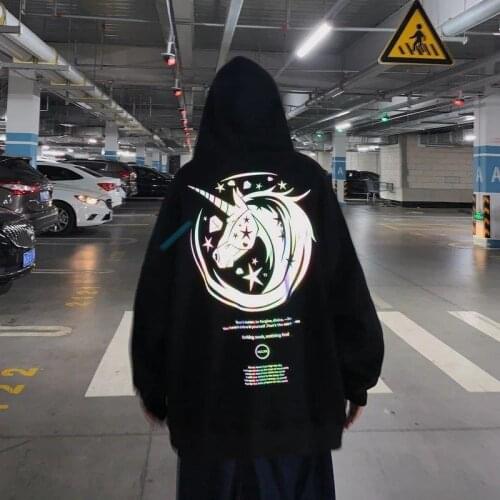 Fashion Oversized 2021 Spring Cartoon Reflective Flash Printed Hoodie Women Anime Letter Pattern Sweatshirt Couple Plus Sized
