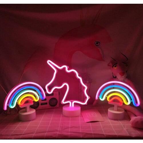 Neon Sign USB LED Decoration Unicorn Flamingo Lamp Moon Rainbow For Home Kid Room Bedside Night Light Decor Light For Children