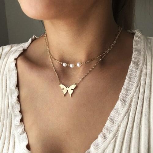 New Fashion Trendy Choker Necklace Jewelry Imitation Pearl Butterfly Pendant Clavicle Chain Necklaces for Women Wholesale Bulk