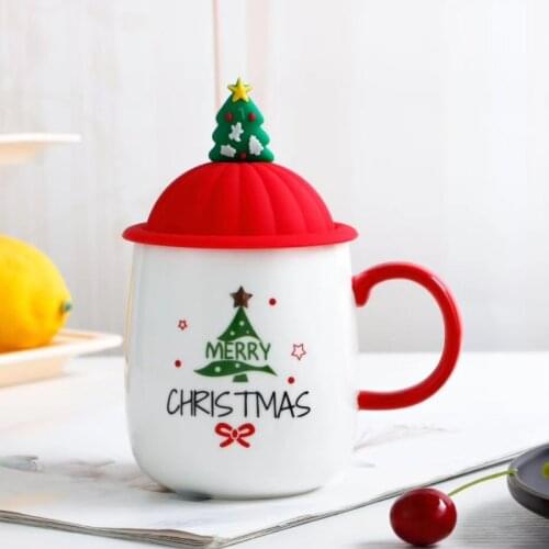 New Christmas pattern Mug with spoon Silicone lid,460ml Ceramic Creative Coffee Mug Tea Cup Drinkware Gift for Friend
