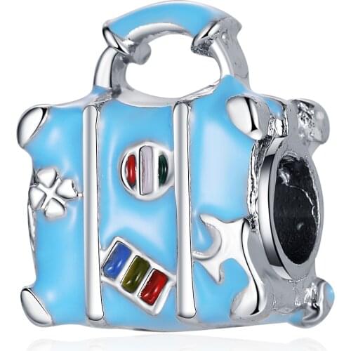 New Original Alloy Bead Cartoon Mini Blue Small Suitcase Charm Fit Pandora Bracelet Bangle Necklace DIY Women Jewelry