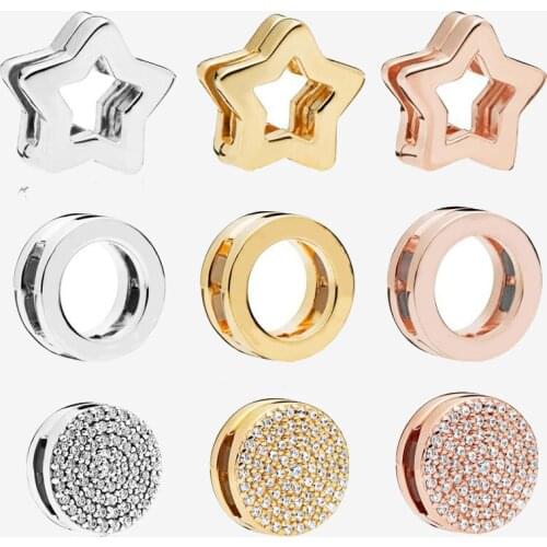 925 Sterling Silver Beads Reflexions Rose Gold Dazzling Elegance Logo Circle Clip Charm Fit Pandora Bracelet Diy Jewelry