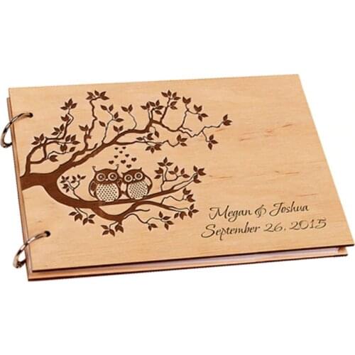 Personalized Guest Book,Wood Wedding Book with Owl,Rustic Wedding Guestbook Alternative Photo Album,Wood Custom Name Guest Book