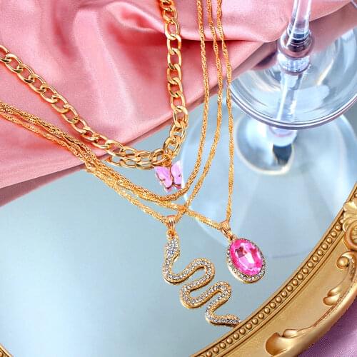 JUST FEEL Fashion Crystal Snake Pendants Necklace For Women Oval Crystal Butterfly Choker Necklaces 2020 Geometric Jewelry Gift