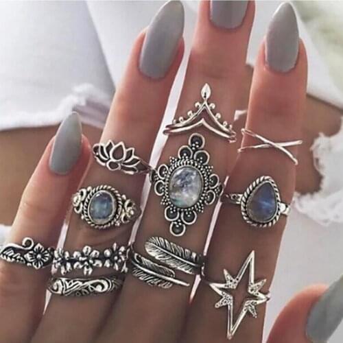 Retro 11pcs/sets Luxury Six-pointed Star Zircon Crystal Stone Wedding Ring Sets For Women Men Water Drop Flowers Jewelry