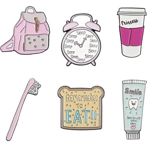 Student’s morning Enamel pins Alarm clock Toothbrush Toothpaste Toast bread Travel cup Bag Pins Button Brooch Metal Badge Gift