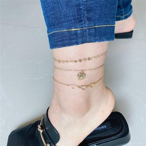 Trendy Gold Color Hollow Heart Charm Round Disc Chain 3 Row 8inch Anklet Bracelet For Women Girl Elegnat Lovely Sweet Decorate