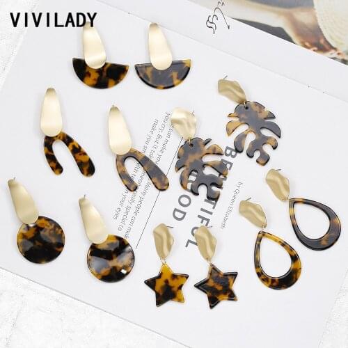 VIVILADY New European Brand Alloy Acrylic Drop Earrings Irregular Star Monstera Leaf Shape Acetic Acid Tortoiseshell Lady Brinco
