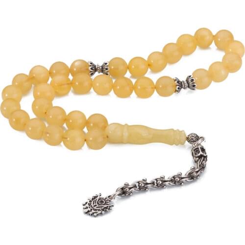 Honey Colored Amber Gemstone Prayer Rosary Men Drop Rosary With Silver Tassel Islamic Tasbih With Ottoman Coat of Arms Tassel