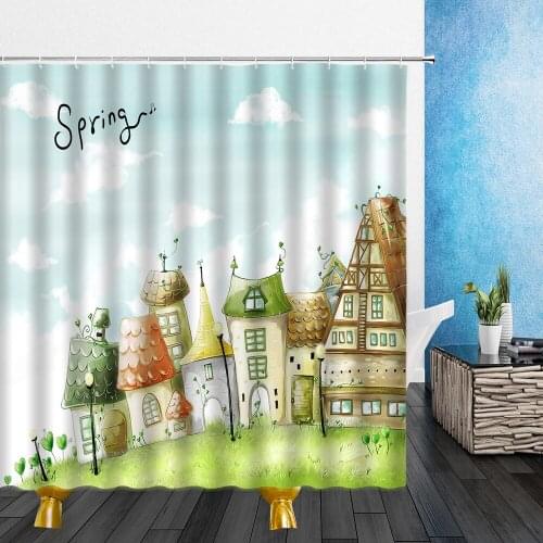 Cartoons Fairy Tale Castle Shower Curtains Spring Green Plants 3D Print Bathroom Home Decor Waterproof Polyester Cloth Curtain