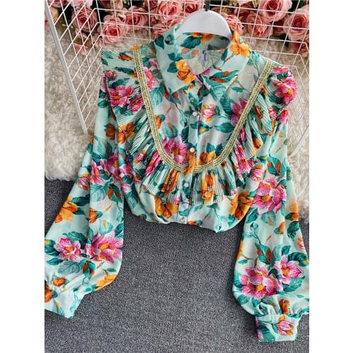 Womens Bohemian Autumn New Shirts Pleated Ruffles Slim Elegant Lantern Sleeve Ruffled Collar Printed Tops Female Camisa PL523