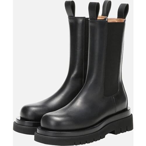 MUMANI Woman‘s 2021 New Winter Genuine Leather Chelsea Boots Thick Heel Platform Ankle Boots Flat Ladies Slip-on Short Booties