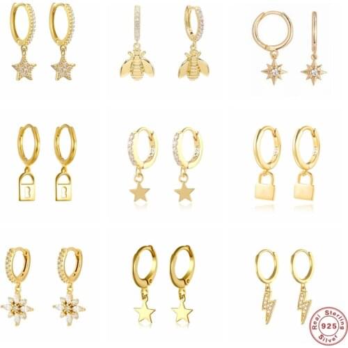 CANNER 925 Sterling Silver Hoop Earring Luxury Lightning Star Lock Bee Charms Earrings For Women Bling Zircon Pendientes Jewerly