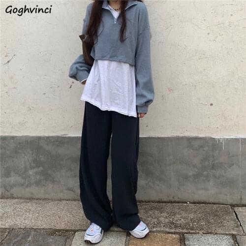Women Sets 3Piece Full Sleeve Zipper Crop Top Elastic Waist Wide Leg Pants Chic Designer Sweat Suit Stylish Ulzzang Casual Girls