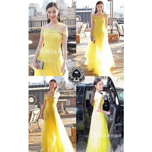 Cap sleeve yellow tulle long a-line 2020 new платья знаменитостей prom gown Formal vestido de festa longo Celebrity Dresses