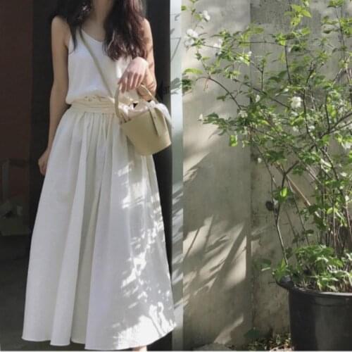 Women Summer Long A-line White Skirts Cotton High Waist Bandage Jupe Femme Elegant Faldas Largas Mujer Spodnica