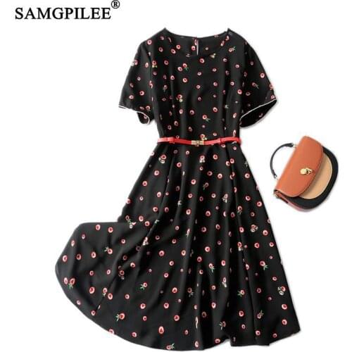 Summer Dress 2021 Sweet Heart Cute Pattern O Neck Slim Big Swing Waist With Belt Knee Length Short Sleeve Chiffon Black Dresses