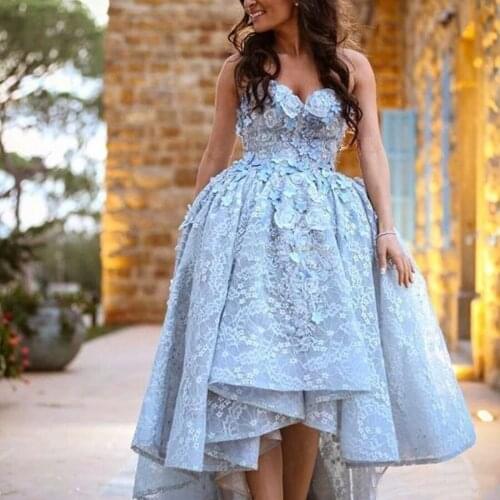 2020 Sweetheart High Low Lace Prom Dresses With Handmade Flowers Ball Gown Prom kleider For Women robes de soirée