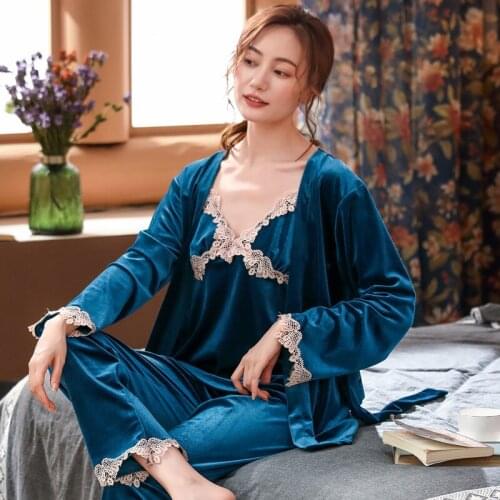 Peacock Blue 3PCS Lady Velour Pajamas Sets Kimono Lace Floral Bride Dressing Gown Sexy V-Neck Nightgown Sleepwear Home Bathrobe