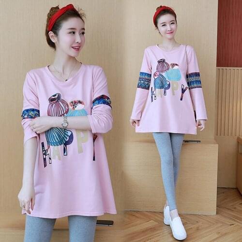 6675# Maternity Clothes Spring Autumn Cotton Long Sleeves Cartoon Printing Loose Stylish Tops Pregnant Women Pregnancy Clothes