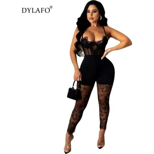 Black Sexy Lace Jumpsuit Women Spaghetti Strap Sleeveless Streetwear Rompers 2021 Club Bodycon Jumpsuits Playsuits Body Femme