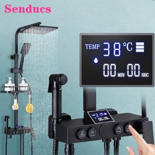 Digital Shower Set Senducs Matte Black Bathroom Thermostatic Shower System Rainfall Shower Head Luxury Black Digital Shower Sets